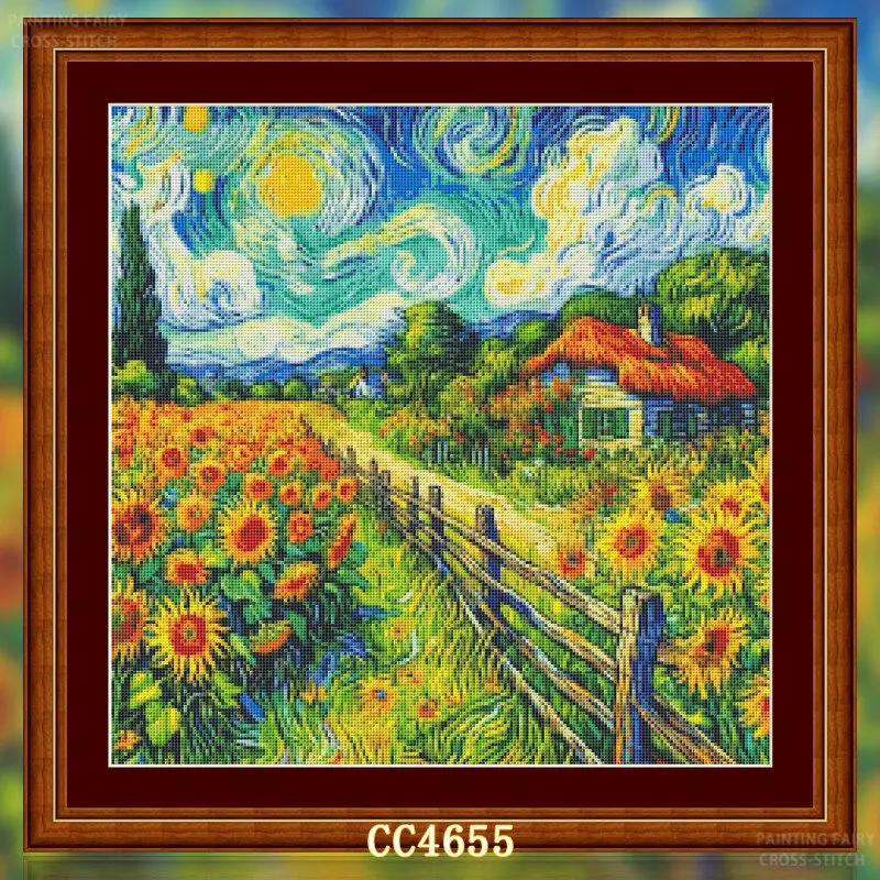 Cross Stitch Stamped Kits Beginners - [[CC4656-Van Gogh Series Zonnebloemenboerderij] DIY Gestempeld