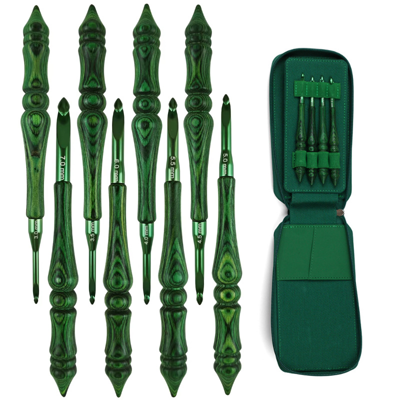 Wooden Crochet Hooks Ergonomic Handle - 8-delige haaknaaldset 3,0-7,0 mm, groen, ergonomisch